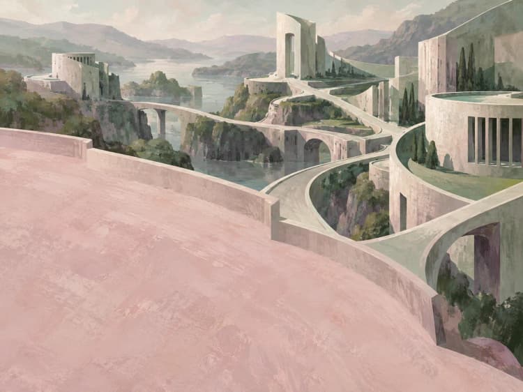 Painting of a wide terrace looking out over bridges, towers and a lake between hills