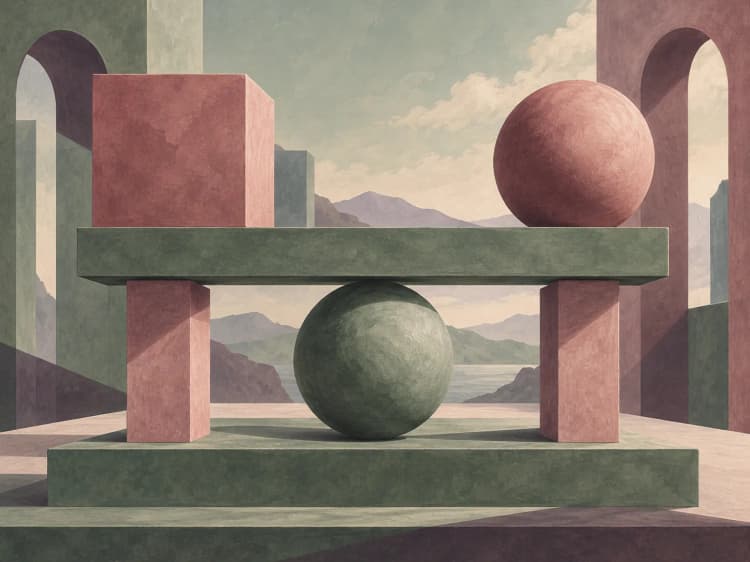 Painting of a cube and a sphere balanced on a beam resting on a second sphere