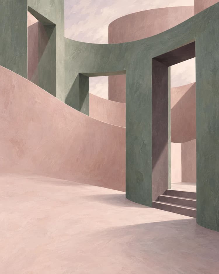 Painting of curved green walls and a doorway with steps leading through to a courtyard