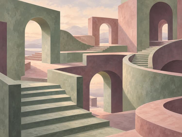 Painting of staircases and arches connecting terraces at different levels