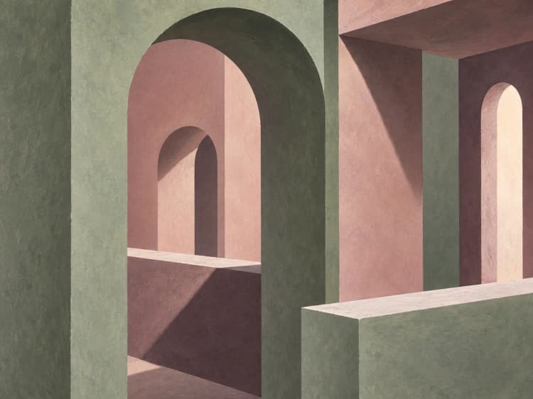 Painting of an arch opening onto layered rooms, each framing the next