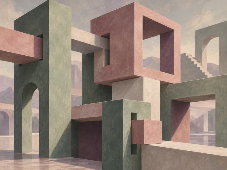 Painting of interlocking pink and green blocks and beams stacked against mountains